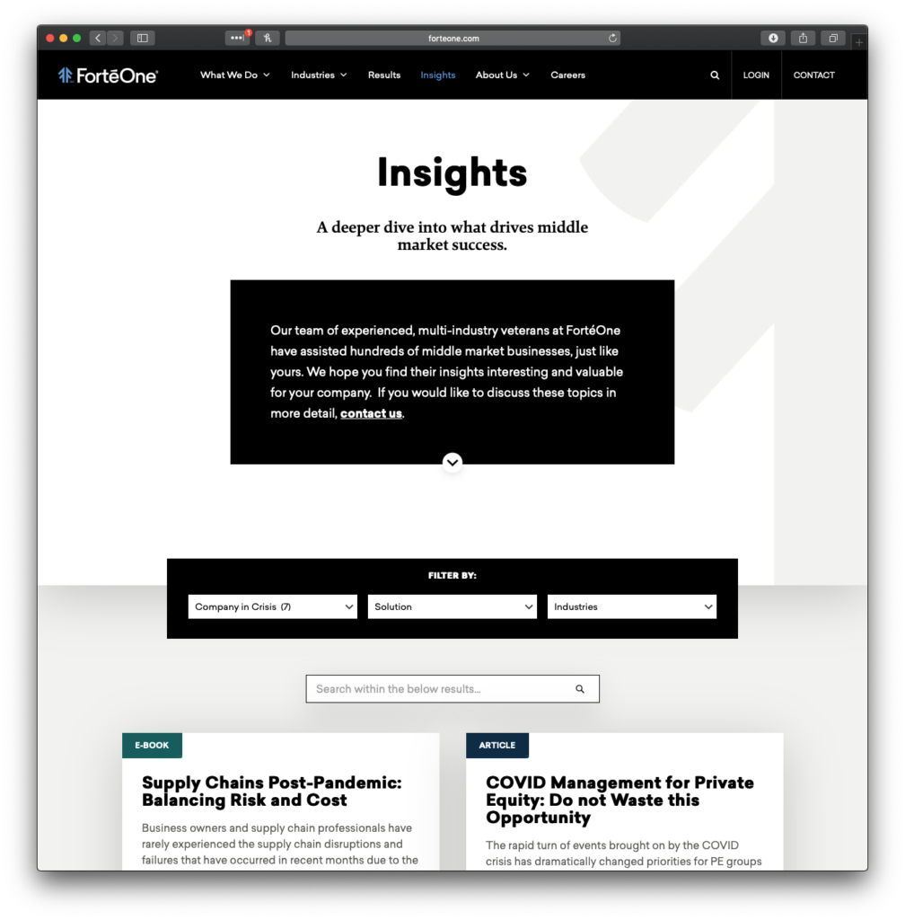 FortéOne Website Insights Filters